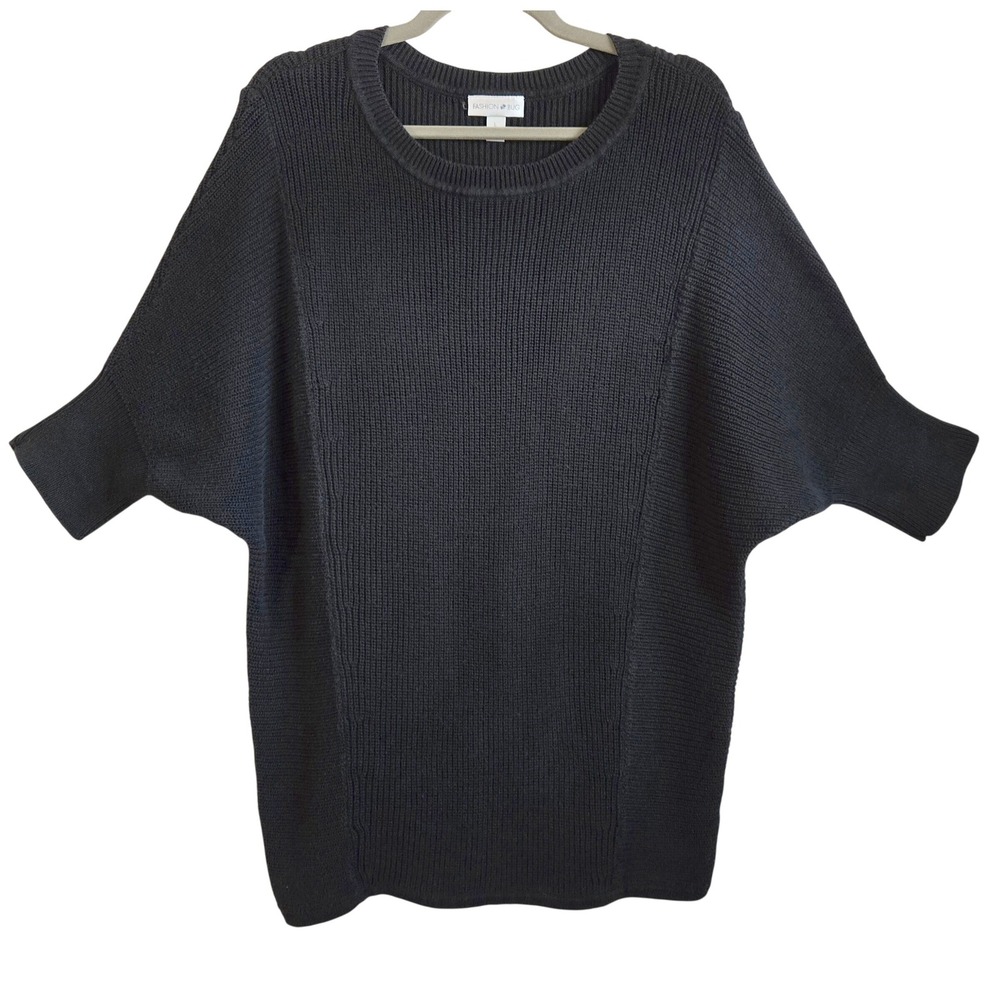 Fashion Bug Womens LG Boho Black 100%‎ Cotton Ribbed Dolman Short Sleeve Sweater